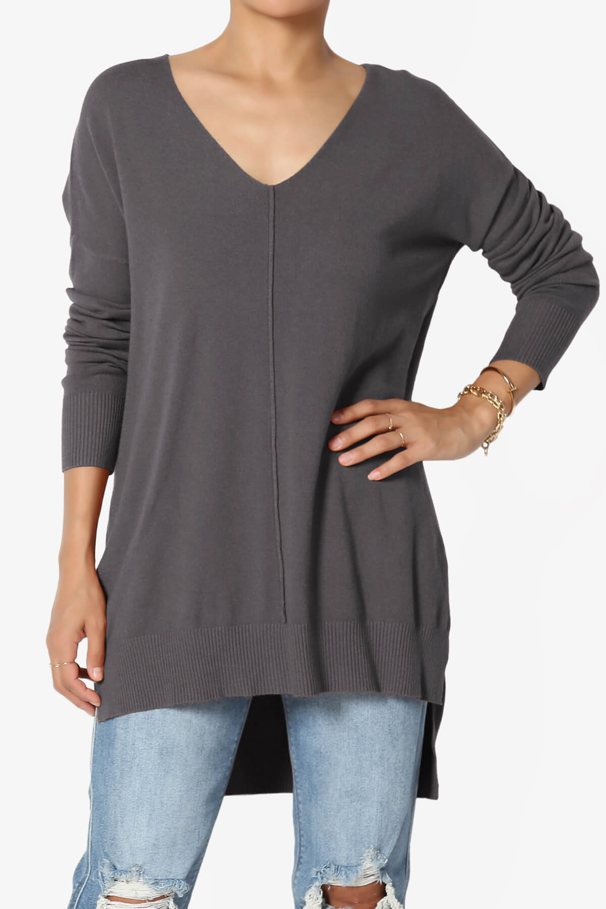 Katana Front Seam V-Neck Knit Sweater ASH GREY_1