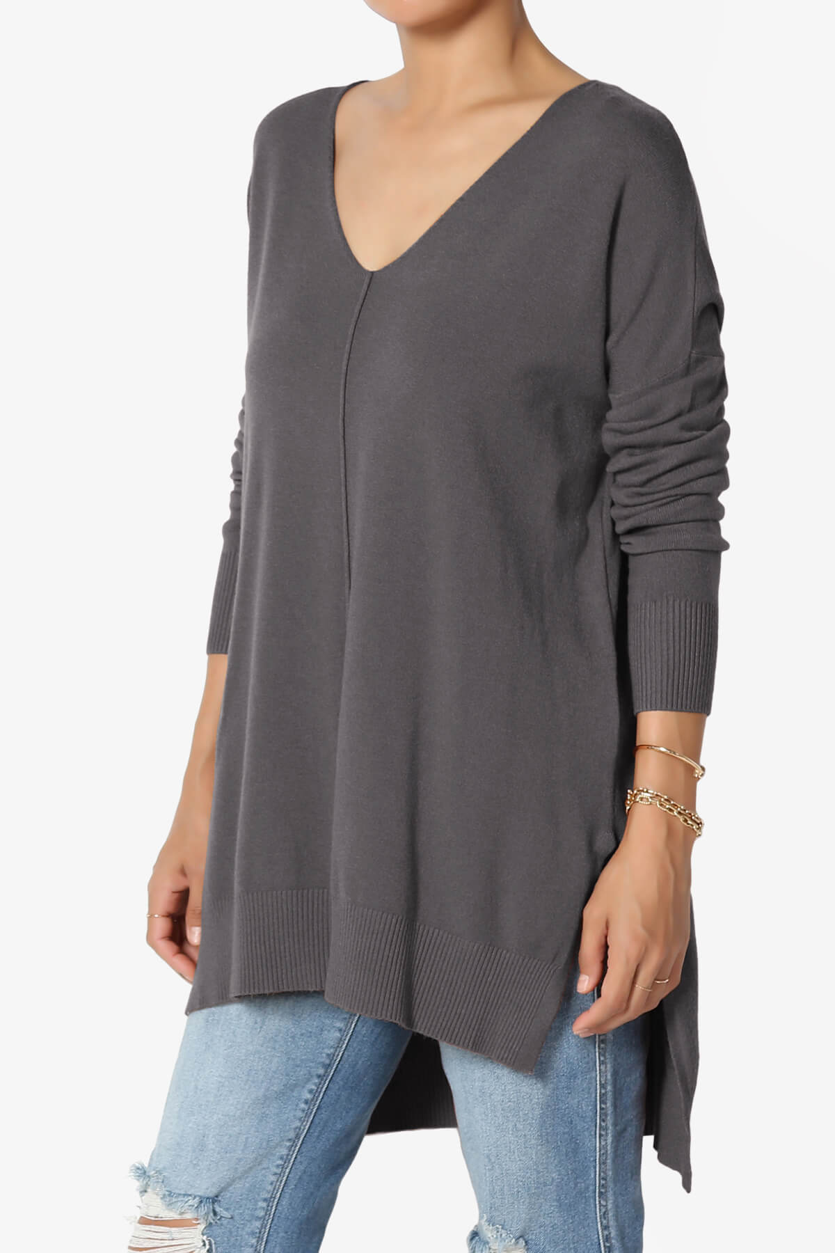 Katana Front Seam V-Neck Knit Sweater ASH GREY_3