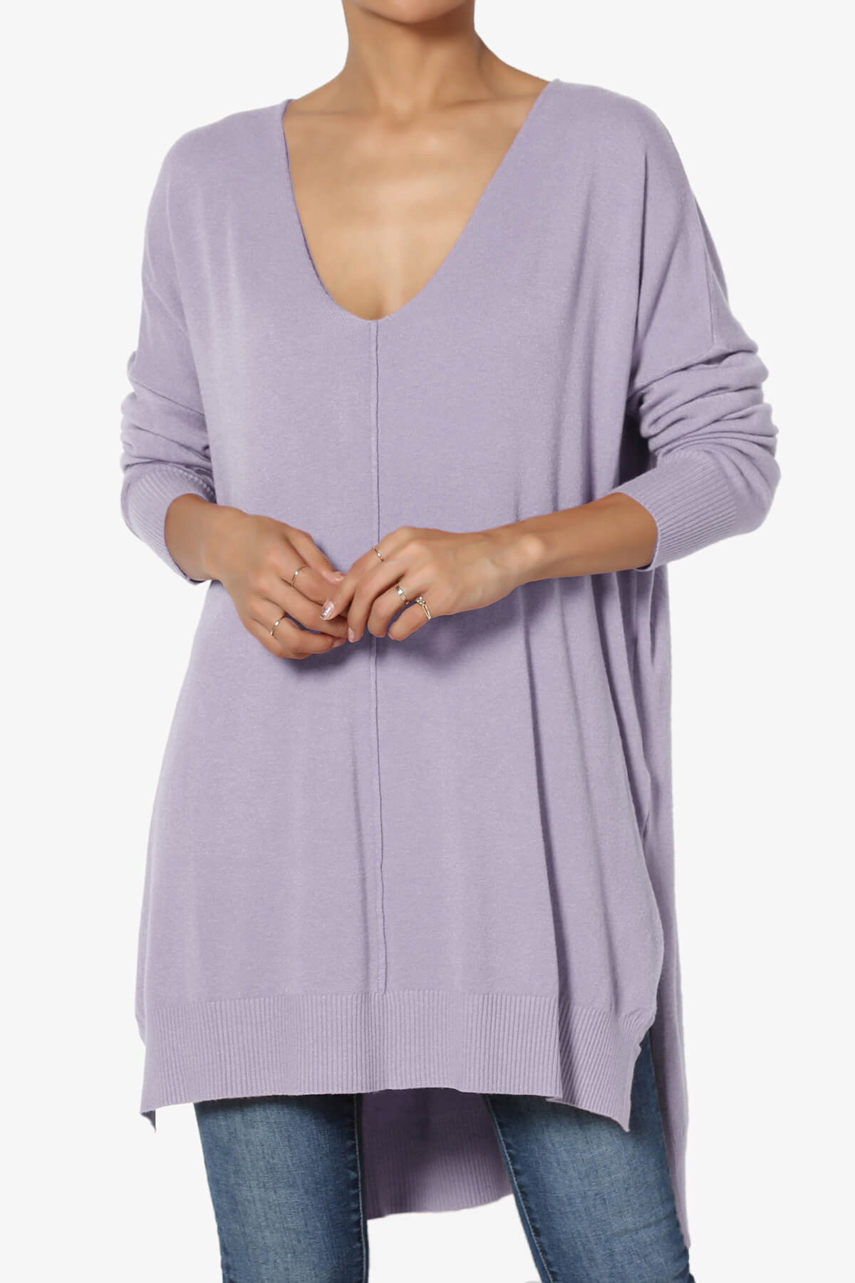 Katana Front Seam V-Neck Knit Sweater ASH LAVENDER_1