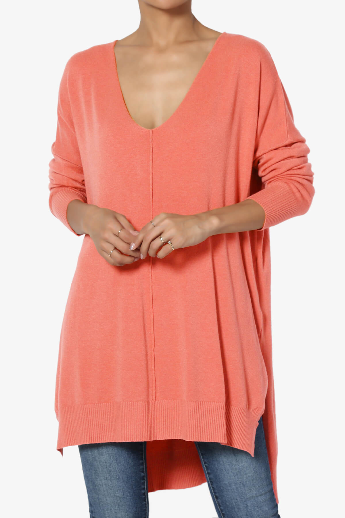 Katana Front Seam V-Neck Knit Sweater CORAL_1