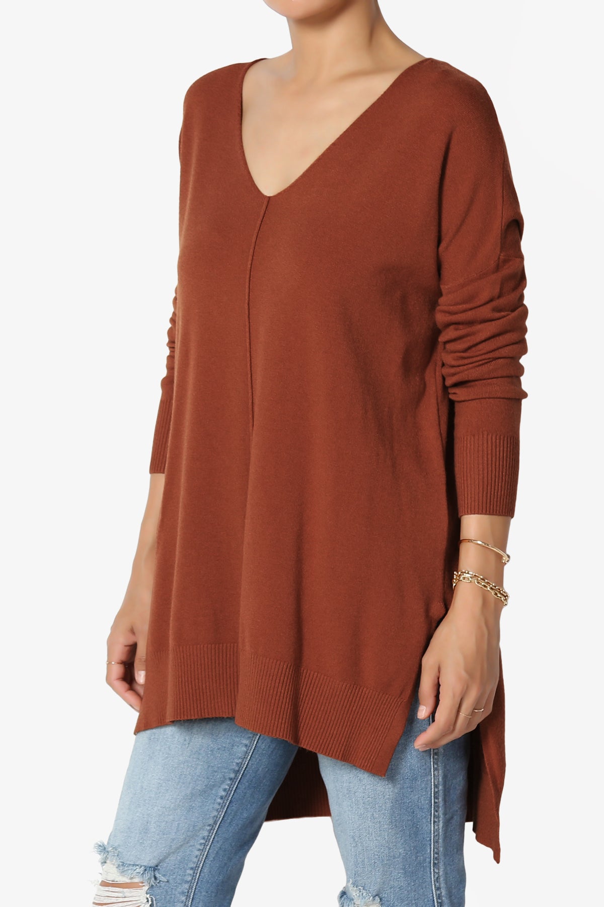Katana Front Seam V-Neck Knit Sweater DARK RUST_3