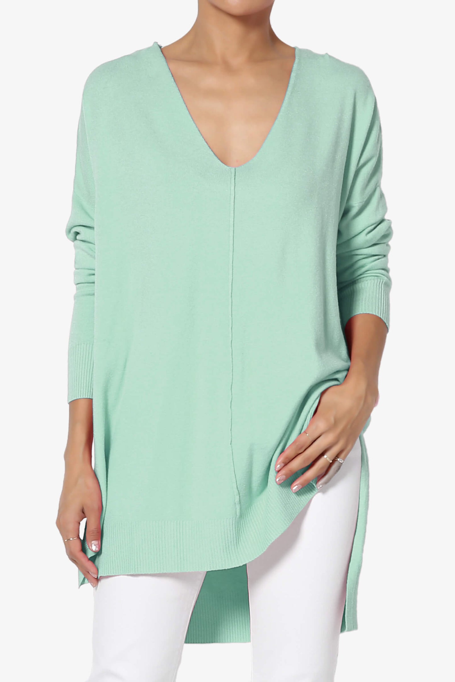 Katana Front Seam V-Neck Knit Sweater DUSTY GREEN_1