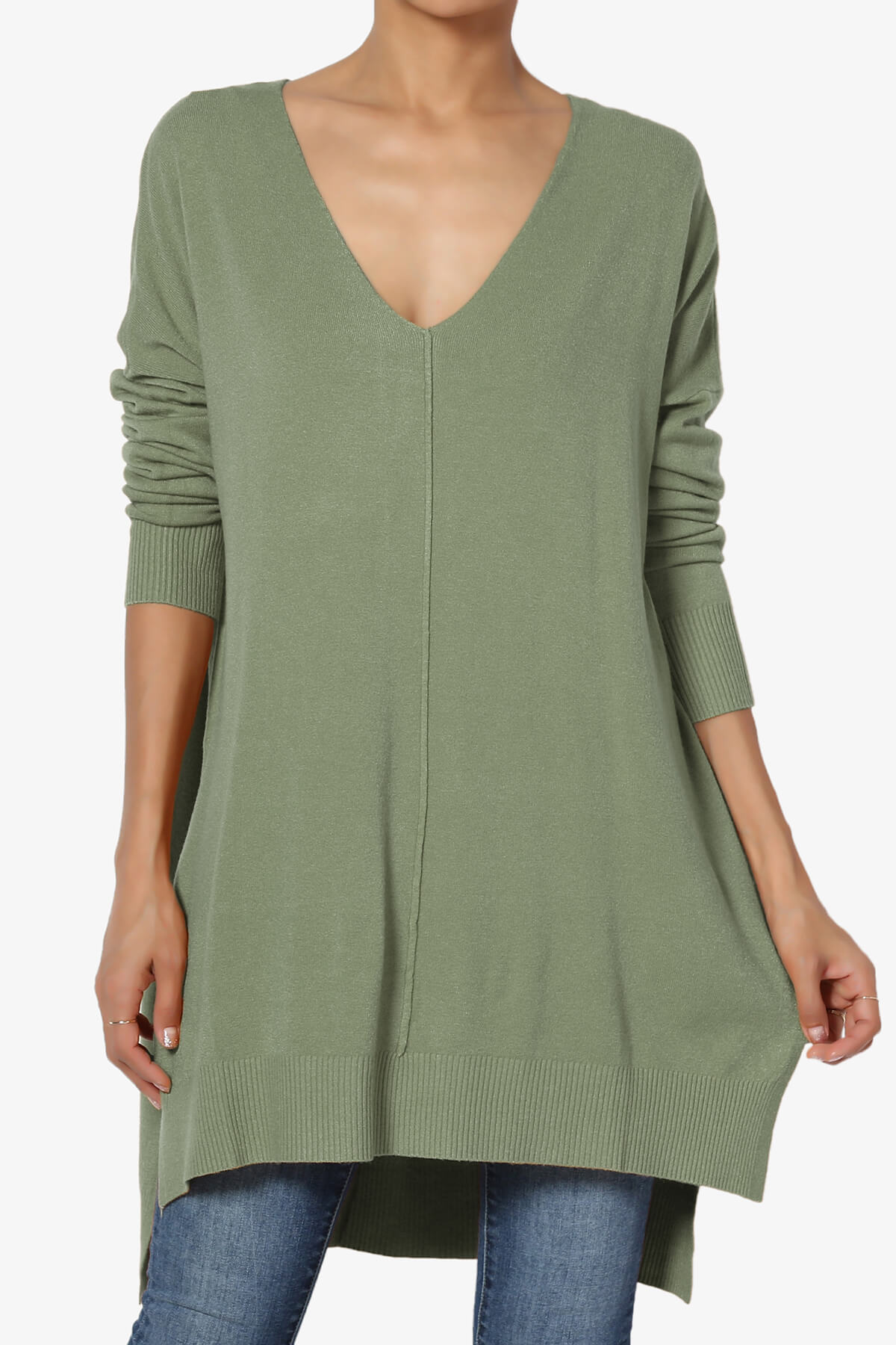 Katana Front Seam V-Neck Knit Sweater DUSTY OLIVE_1