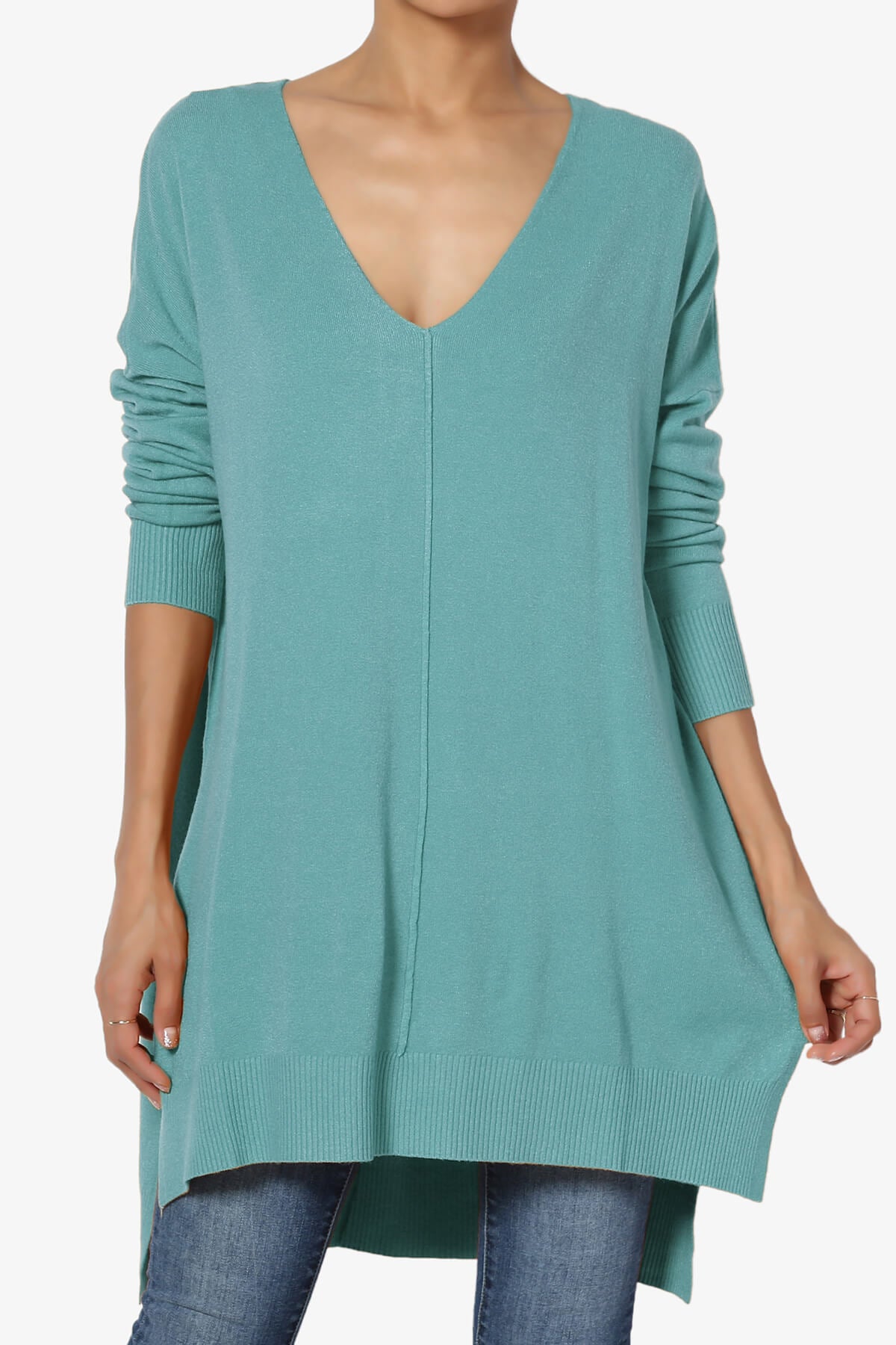 Katana Front Seam V-Neck Knit Sweater DUSTY TEAL_1