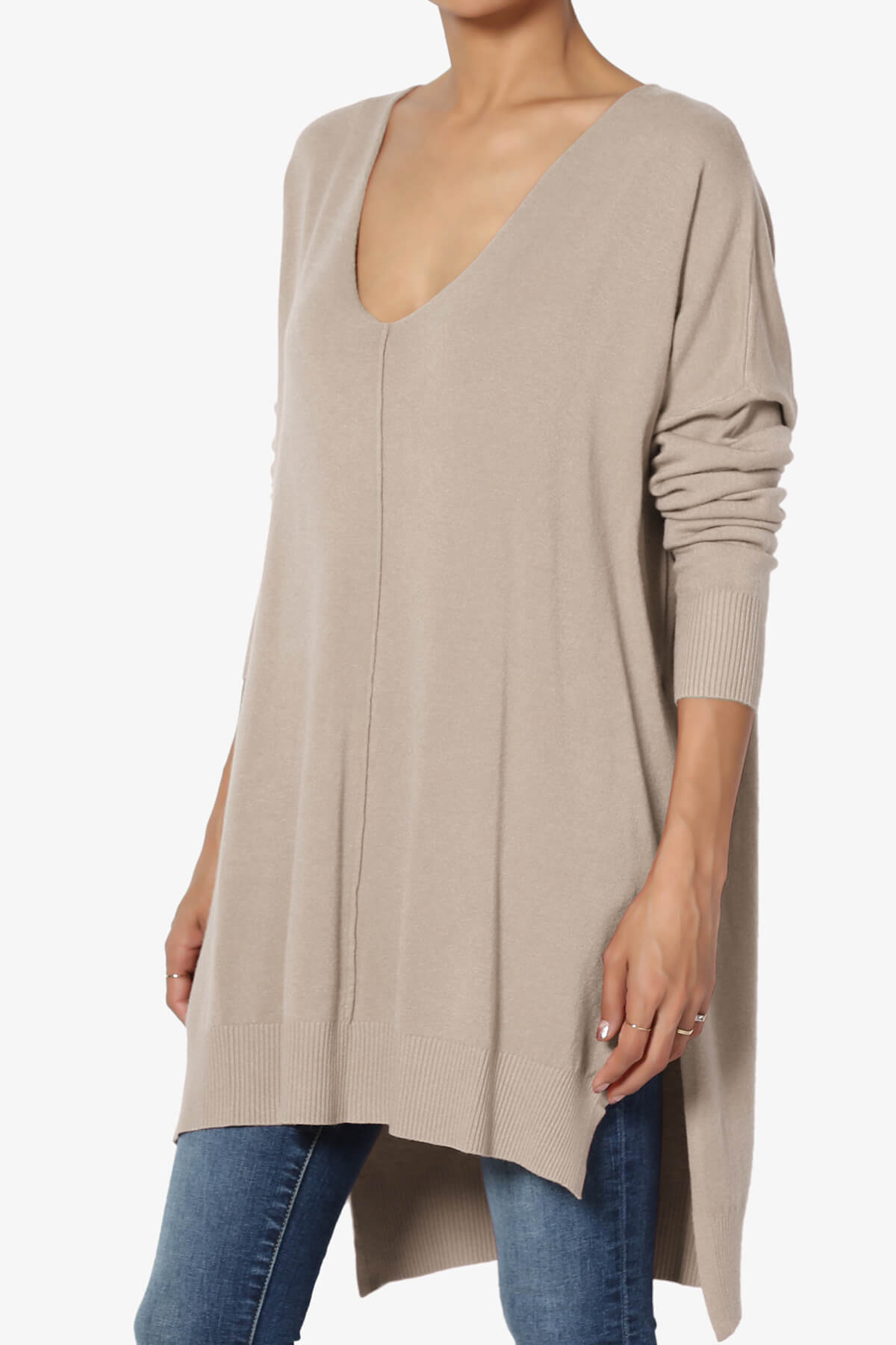 Katana Front Seam V-Neck Knit Sweater LIGHT MOCHA_3