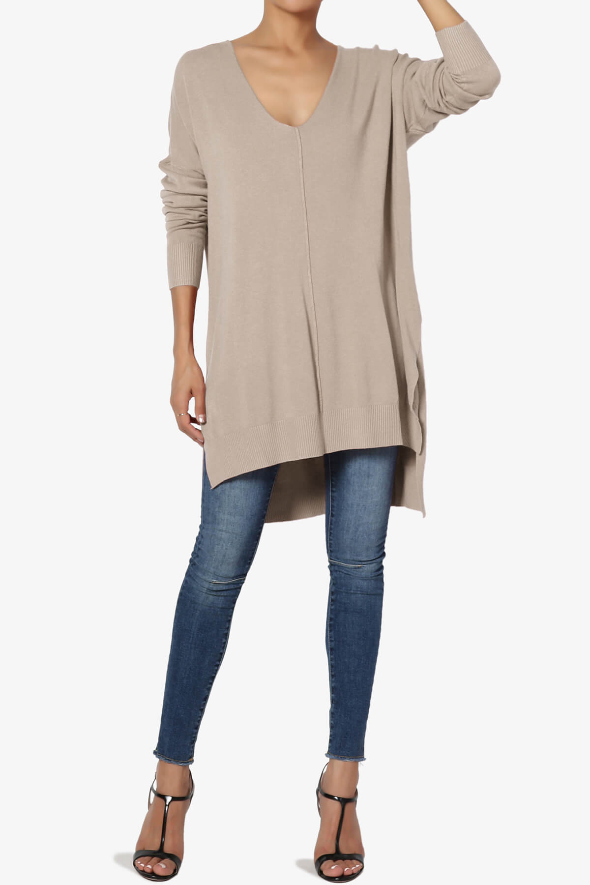 Katana Front Seam V-Neck Knit Sweater LIGHT MOCHA_6