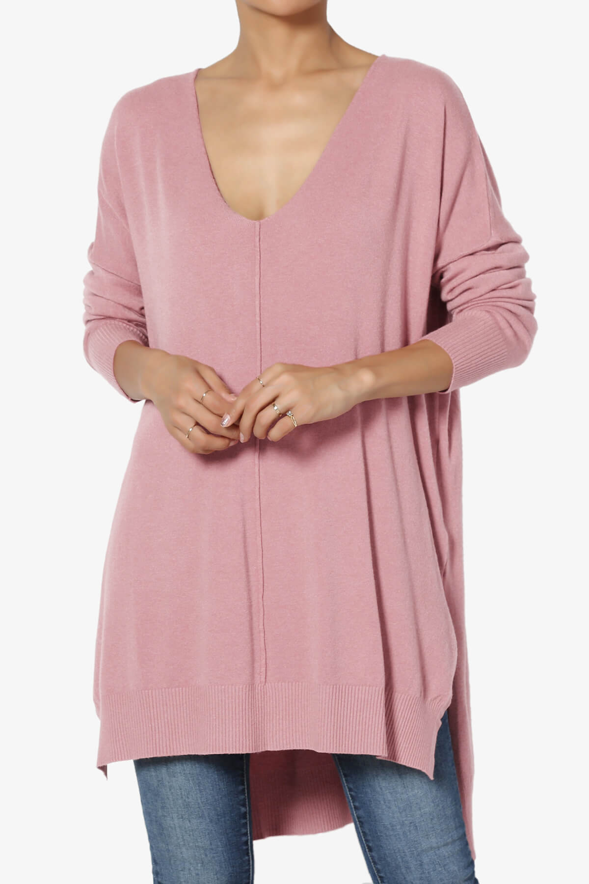 Katana Front Seam V-Neck Knit Sweater LIGHT ROSE_1