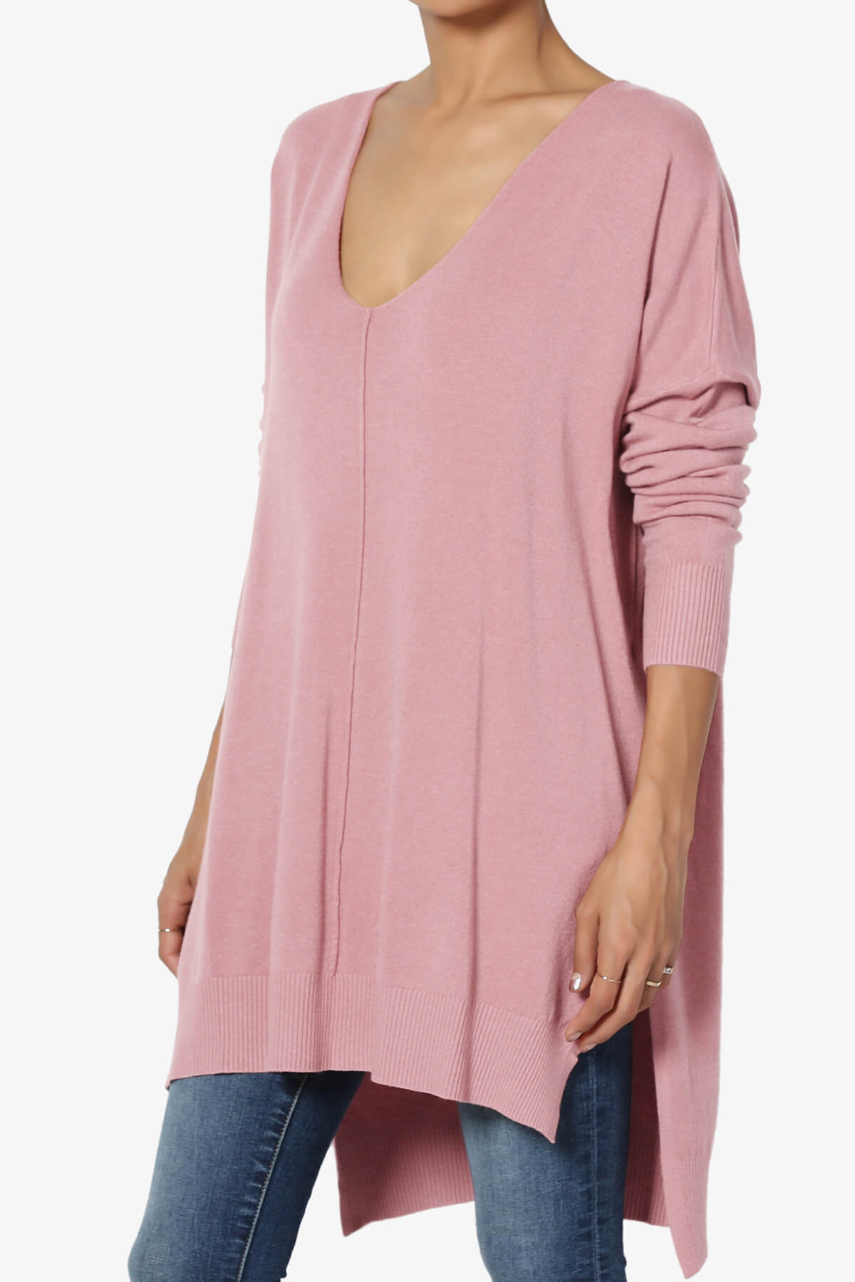 Katana Front Seam V-Neck Knit Sweater LIGHT ROSE_3