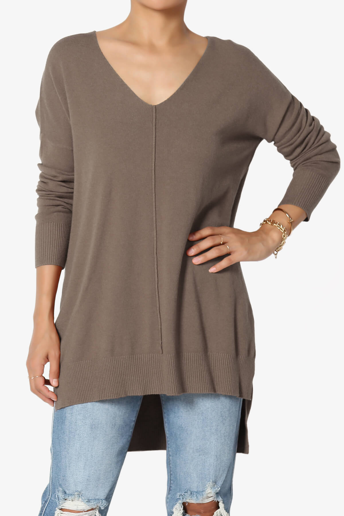 Katana Front Seam V-Neck Knit Sweater MOCHA_1