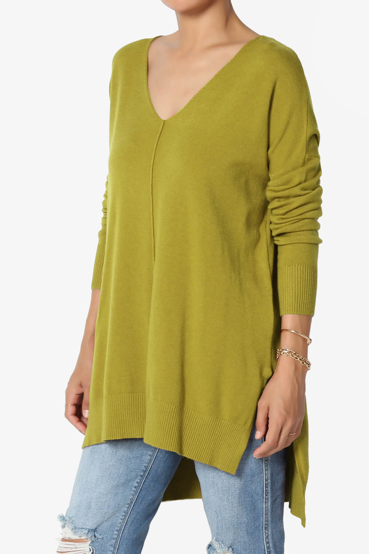 Katana Front Seam V-Neck Knit Sweater OLIVE MUSTARD_3