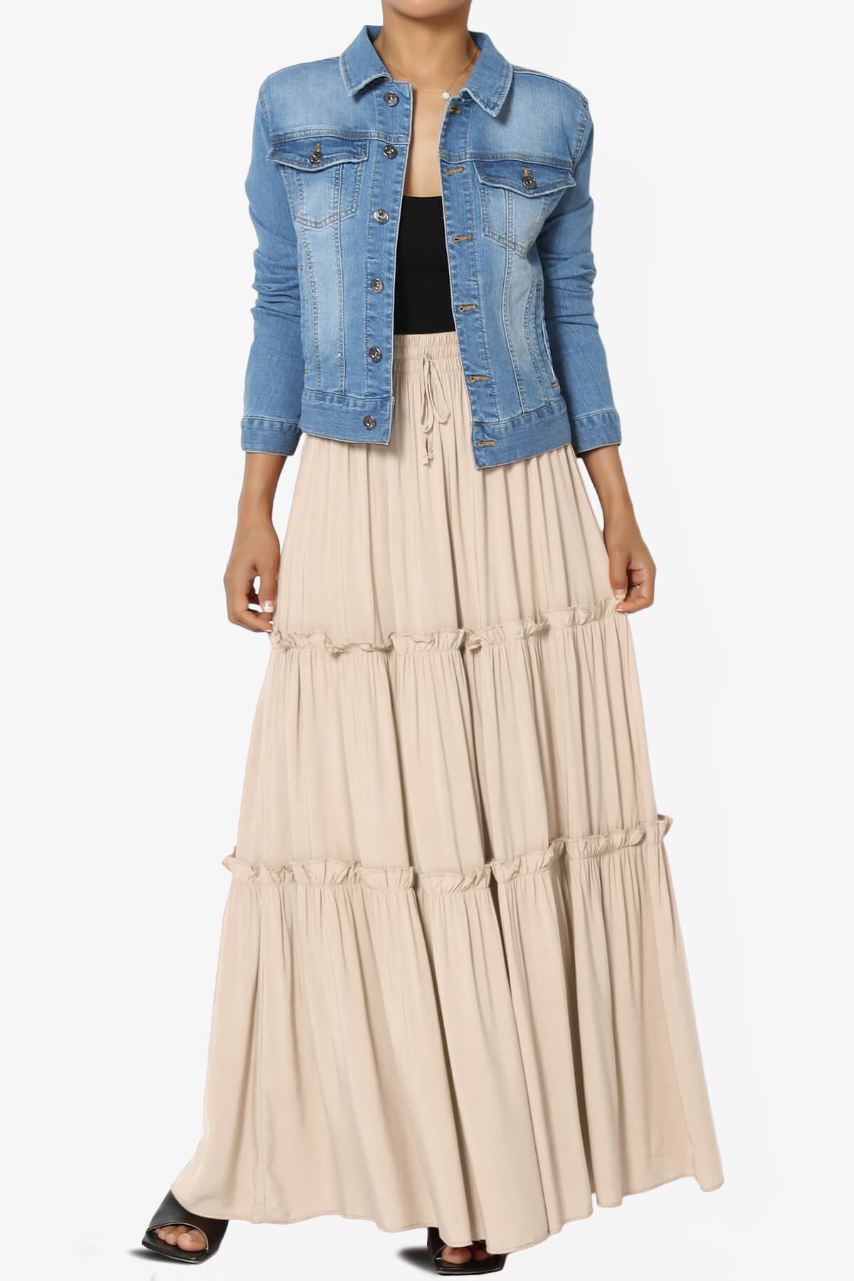 Kelton Ruffle Tiered Woven Maxi Skirt BEIGE_6