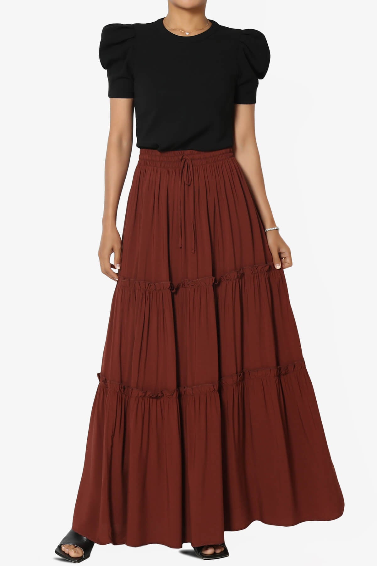 Kelton Ruffle Tiered Woven Maxi Skirt DARK RUST_6