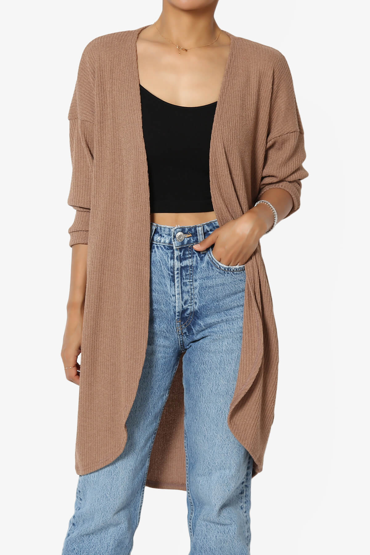 Lexa Ribbed Knit Open Front Cardigan MOCHA_1