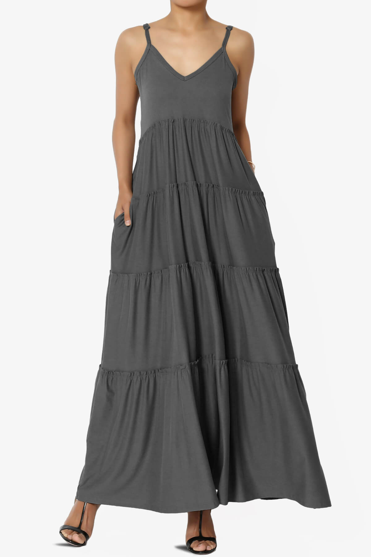 Livvy V-Neck Tiered Cami Maxi Dress ASH GREY_1
