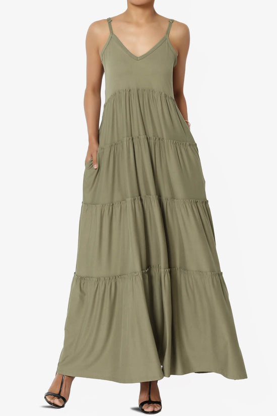 Livvy V-Neck Tiered Cami Maxi Dress KHAKI GREEN_1