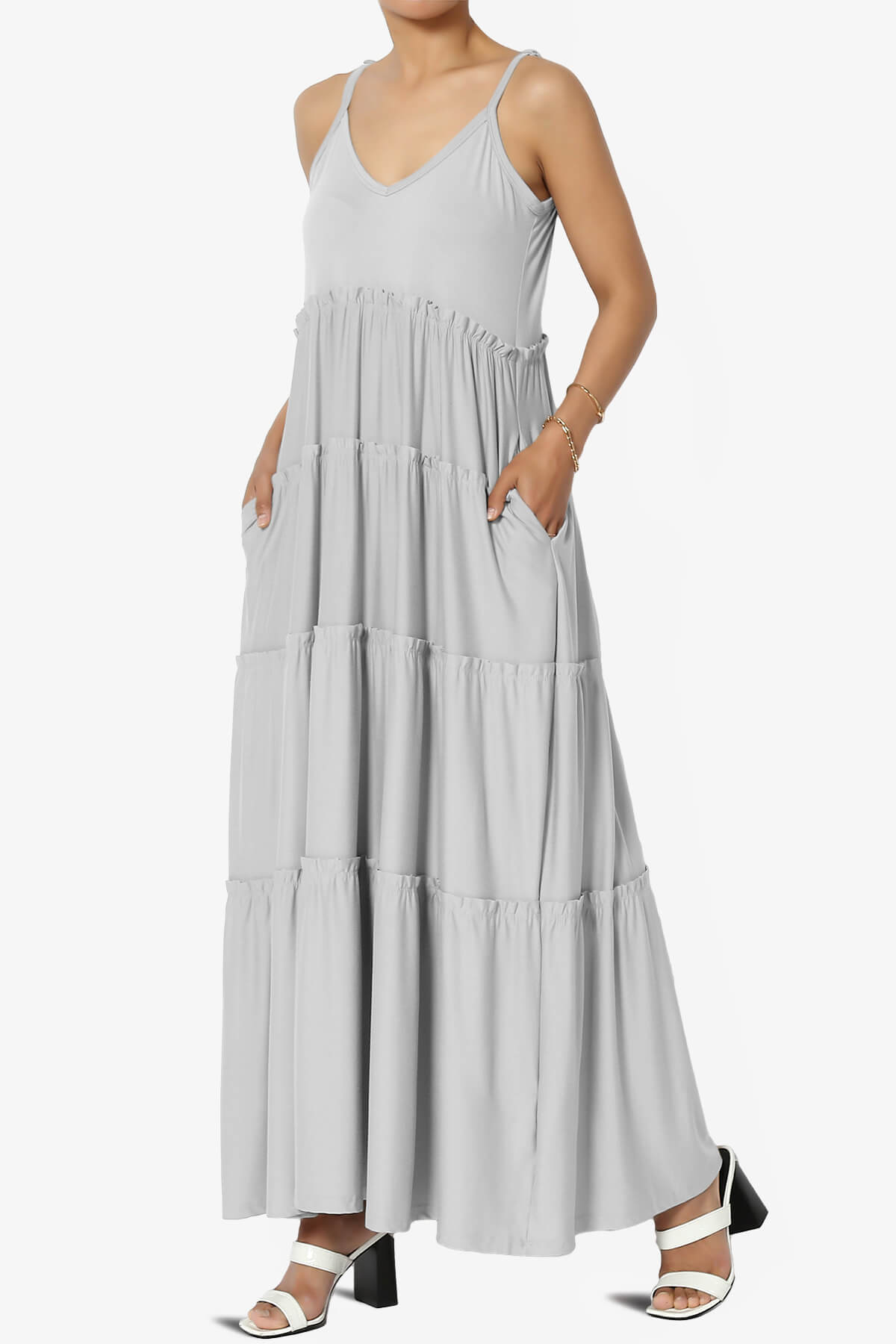 Livvy V-Neck Tiered Cami Maxi Dress LIGHT GREY_3