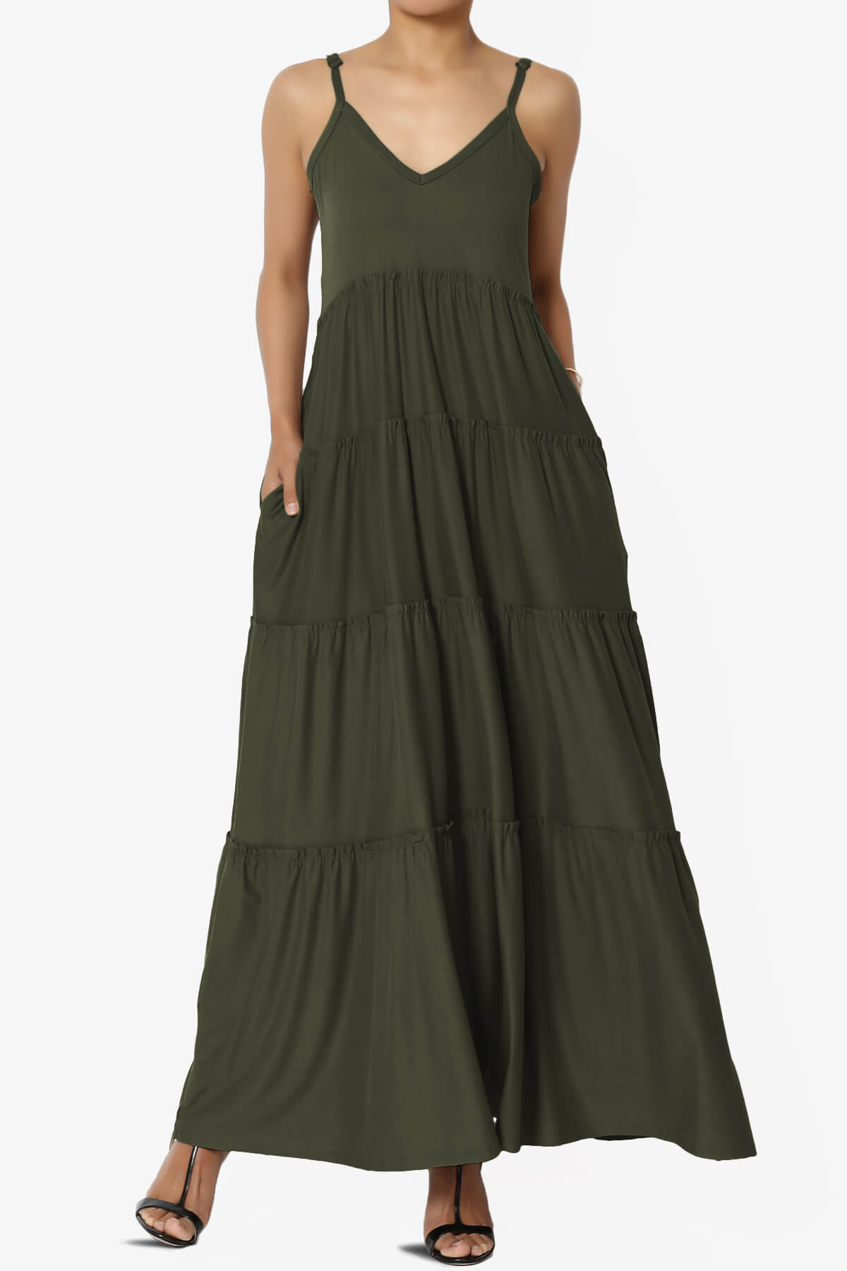 Livvy V-Neck Tiered Cami Maxi Dress OLIVE_1