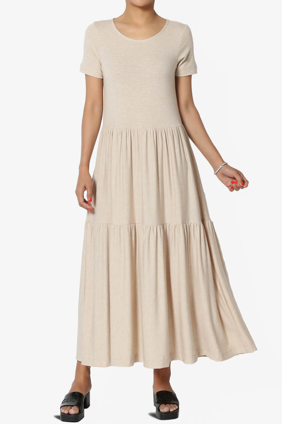 Macie Short Sleeve Tiered Jersey Long Midi Dress HEATHER BEIGE_1