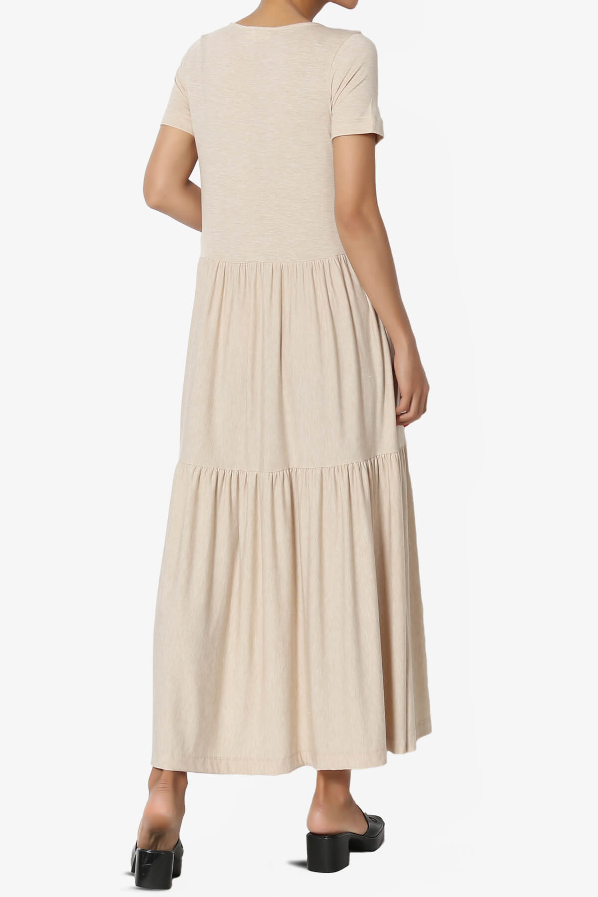 Macie Short Sleeve Tiered Jersey Long Midi Dress HEATHER BEIGE_2