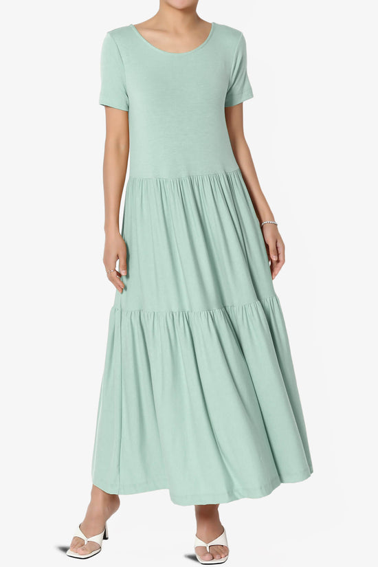 Macie Short Sleeve Tiered Jersey Long Midi Dress LIGHT GREEN_1