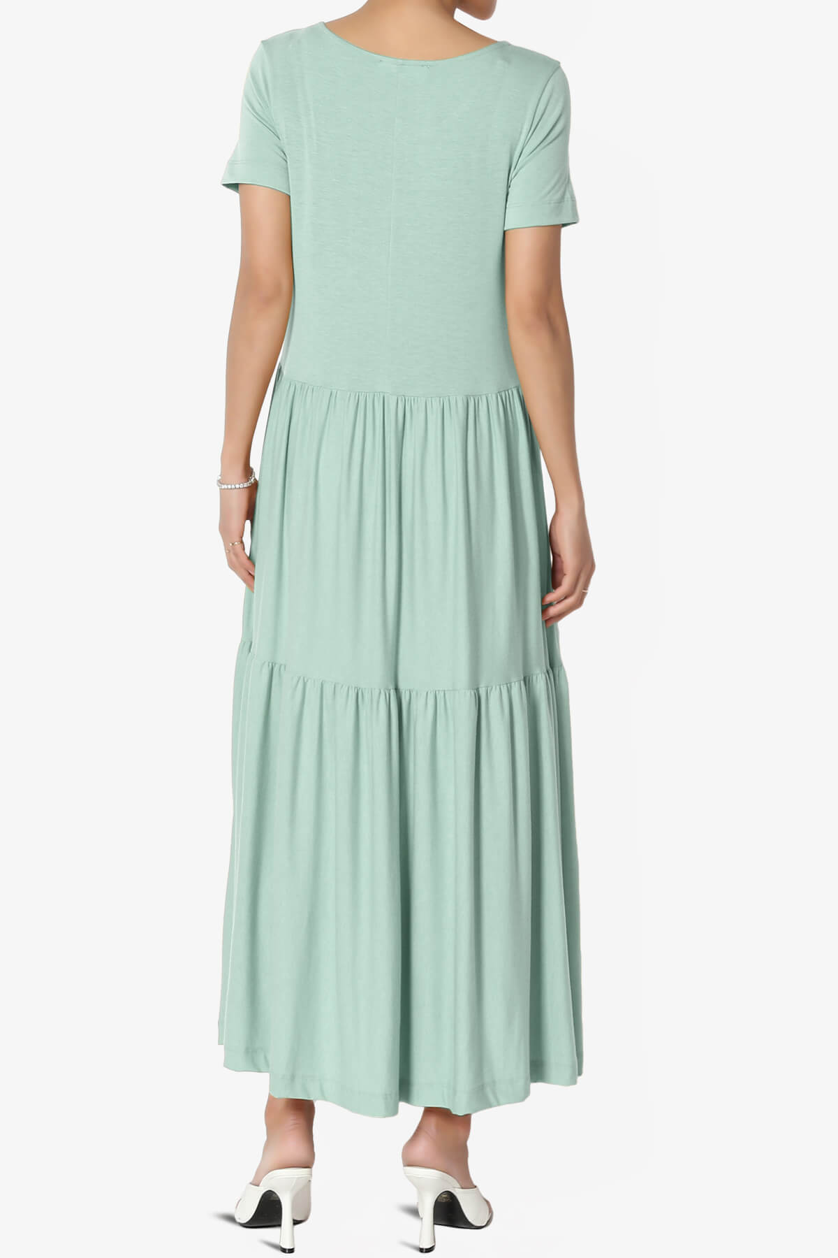 Macie Short Sleeve Tiered Jersey Long Midi Dress LIGHT GREEN_2