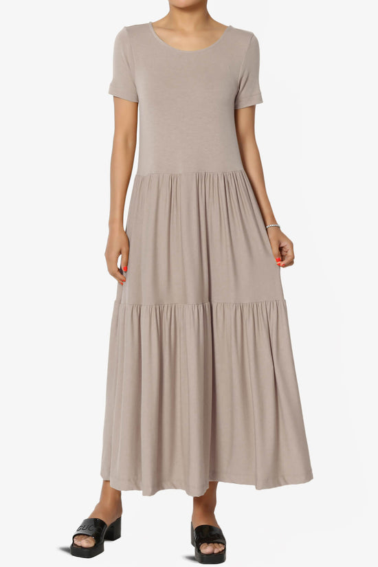 Macie Short Sleeve Tiered Jersey Long Midi Dress LIGHT MOCHA_1