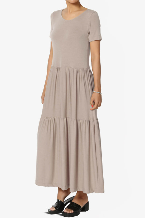 Macie Short Sleeve Tiered Jersey Long Midi Dress LIGHT MOCHA_3