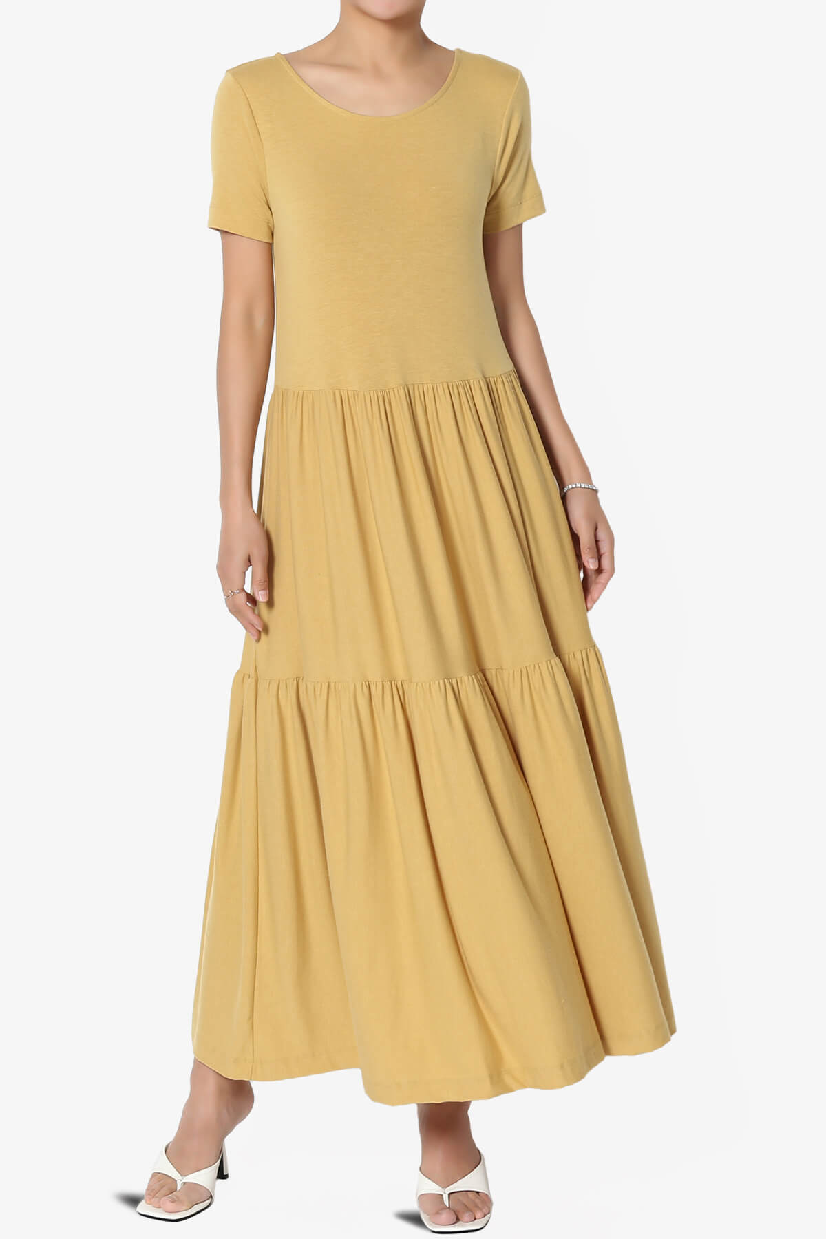 Macie Short Sleeve Tiered Jersey Long Midi Dress LIGHT MUSTARD_1
