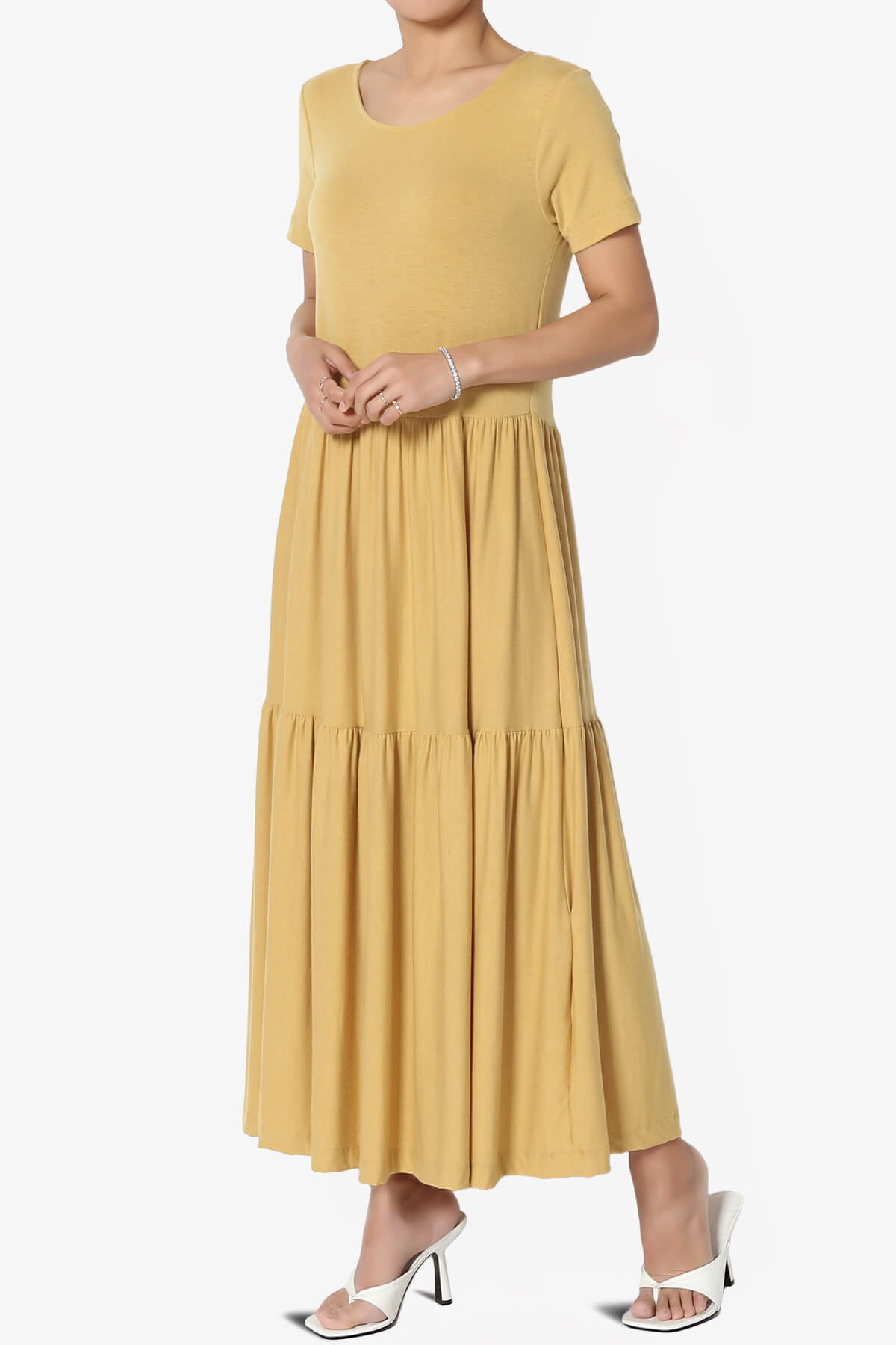Macie Short Sleeve Tiered Jersey Long Midi Dress LIGHT MUSTARD_3