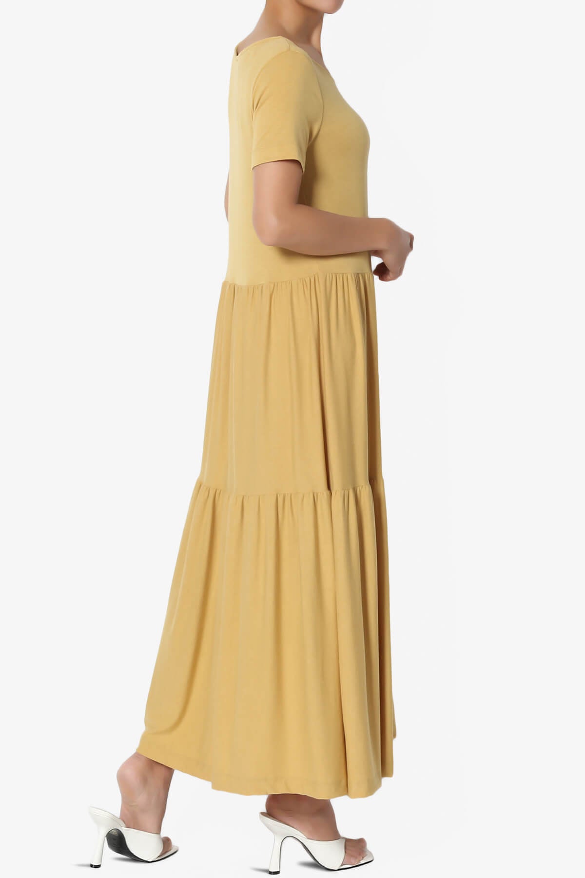 Macie Short Sleeve Tiered Jersey Long Midi Dress LIGHT MUSTARD_4
