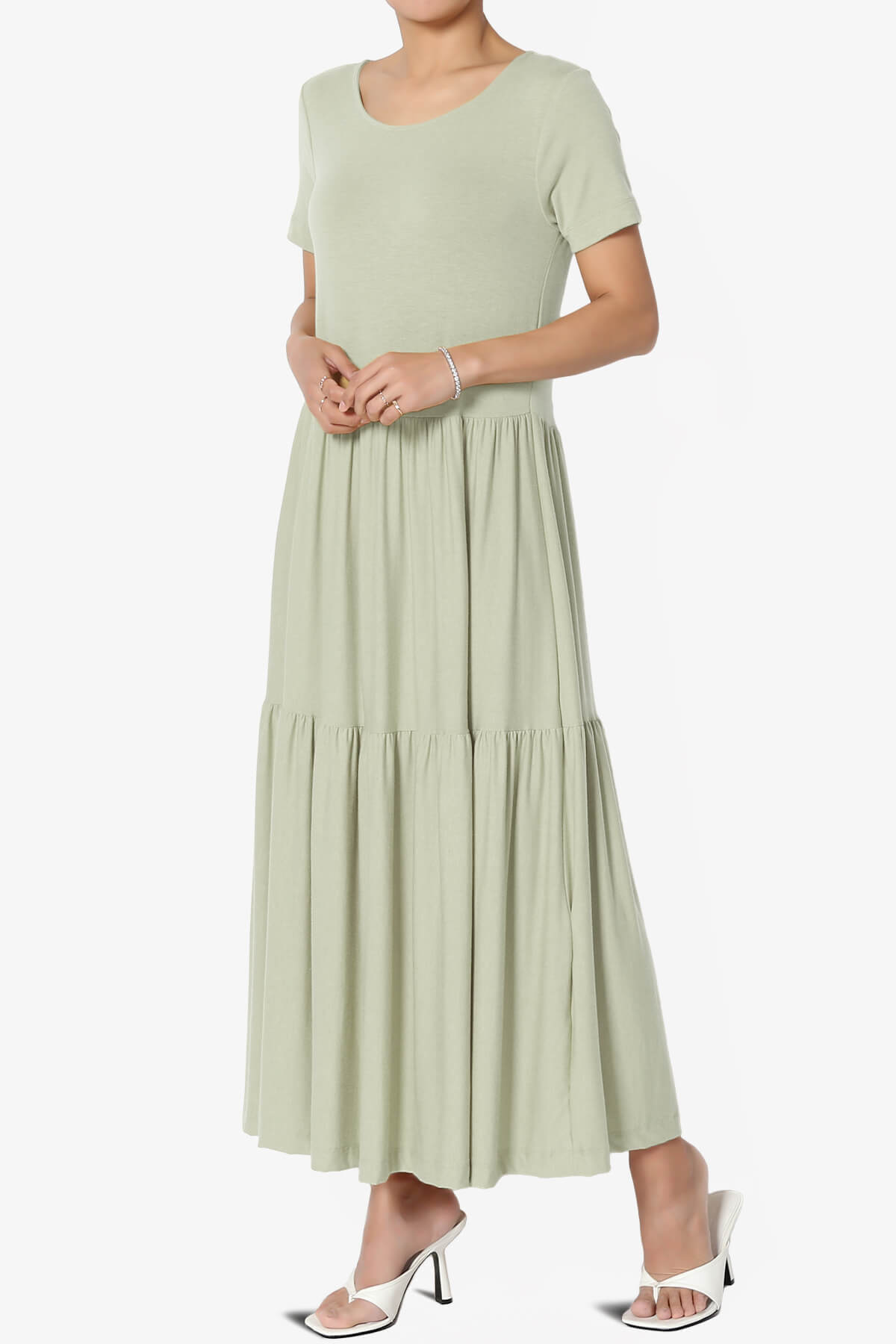 Macie Short Sleeve Tiered Jersey Long Midi Dress LIGHT SAGE_3