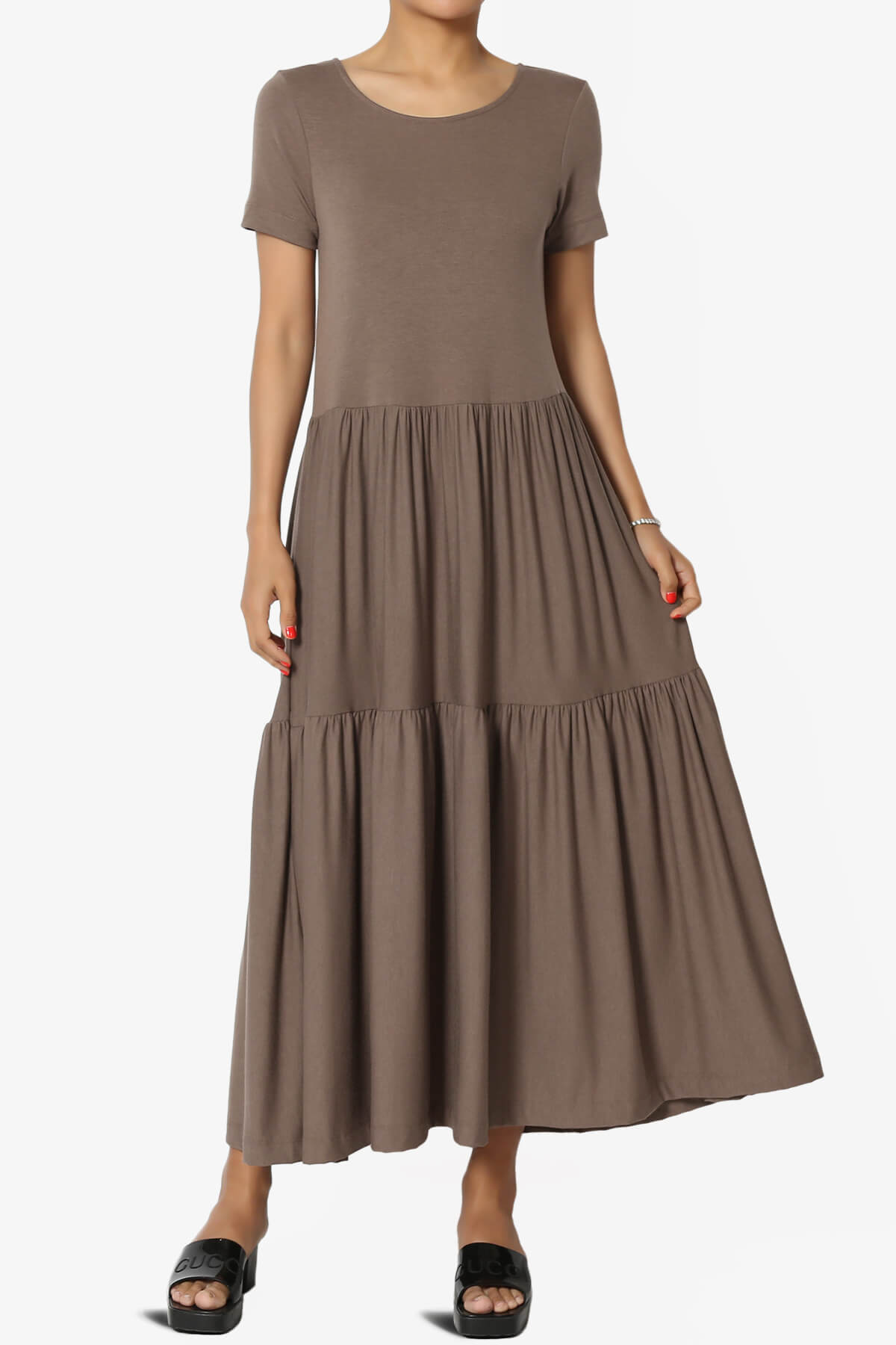 Macie Short Sleeve Tiered Jersey Long Midi Dress MOCHA_1