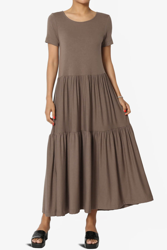 Macie Short Sleeve Tiered Jersey Long Midi Dress MOCHA_1