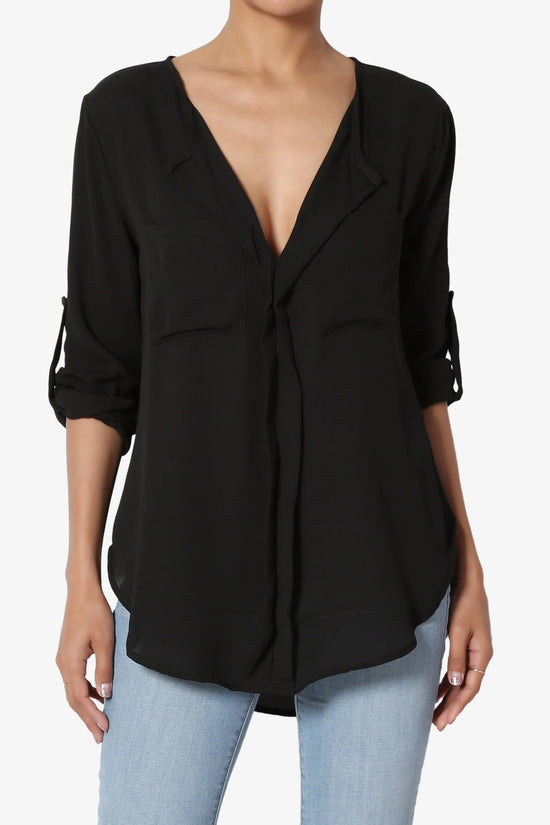 Astoria Tab Sleeve Split V-Neck Blouse BLACK_1