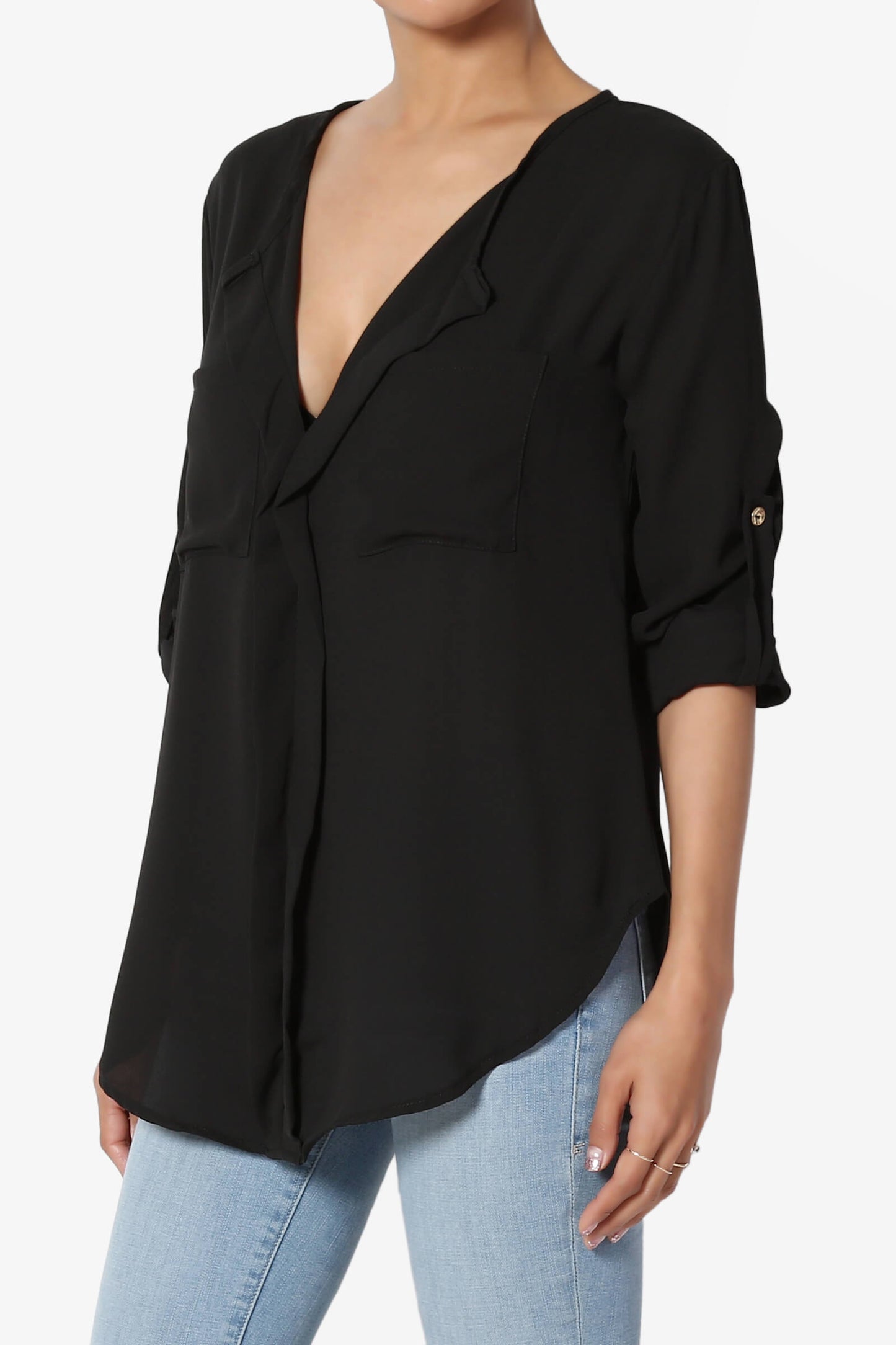 Astoria Tab Sleeve Split V-Neck Blouse BLACK_3