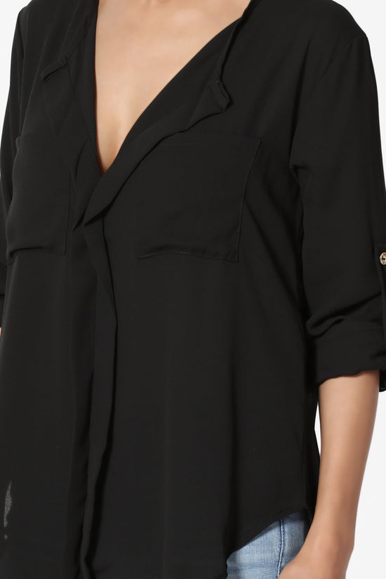 Astoria Tab Sleeve Split V-Neck Blouse BLACK_5