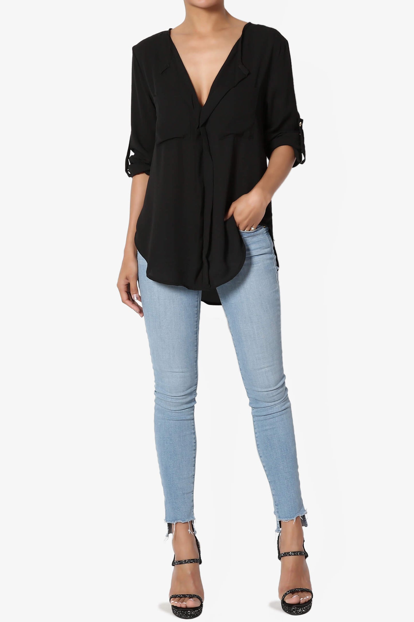 Astoria Tab Sleeve Split V-Neck Blouse BLACK_6