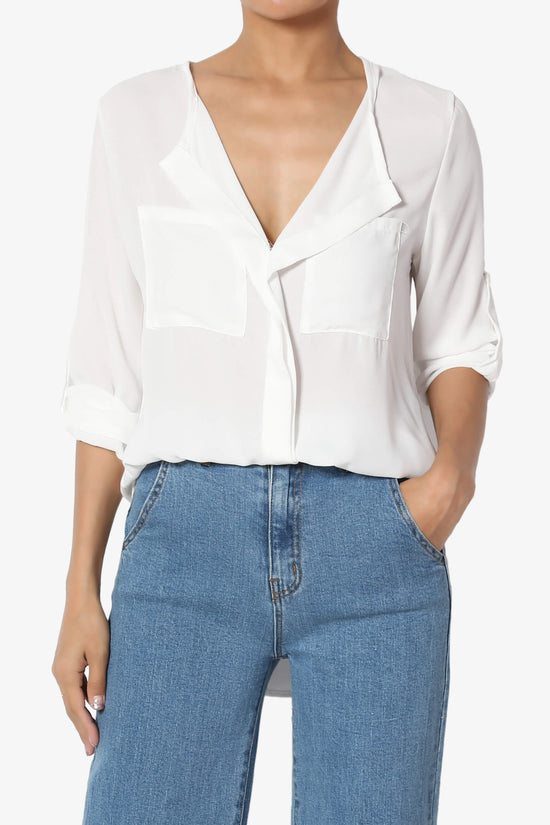 Astoria Tab Sleeve Split V-Neck Blouse IVORY_1