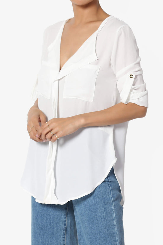 Astoria Tab Sleeve Split V-Neck Blouse IVORY_3