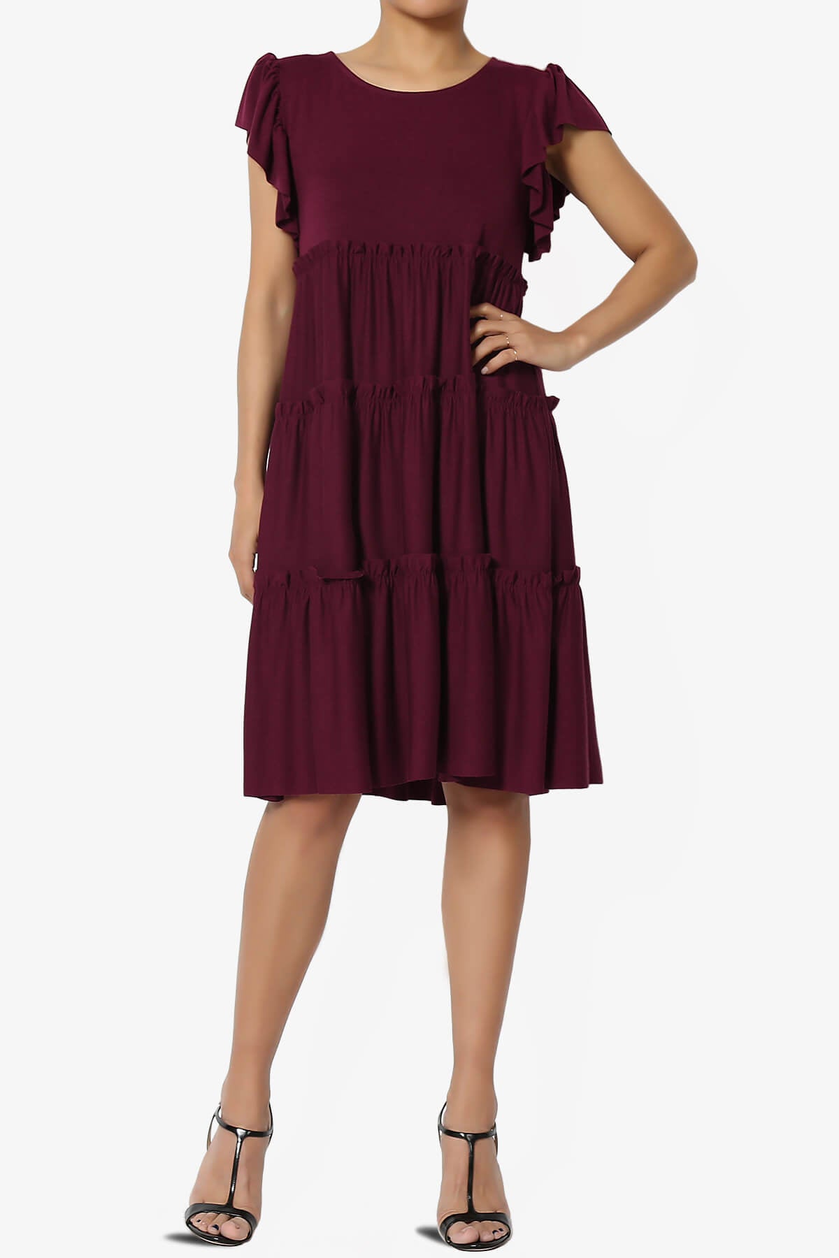 Minka Flutter Sleeve Tiered Ruffle Dress DARK BURGUNDY_1