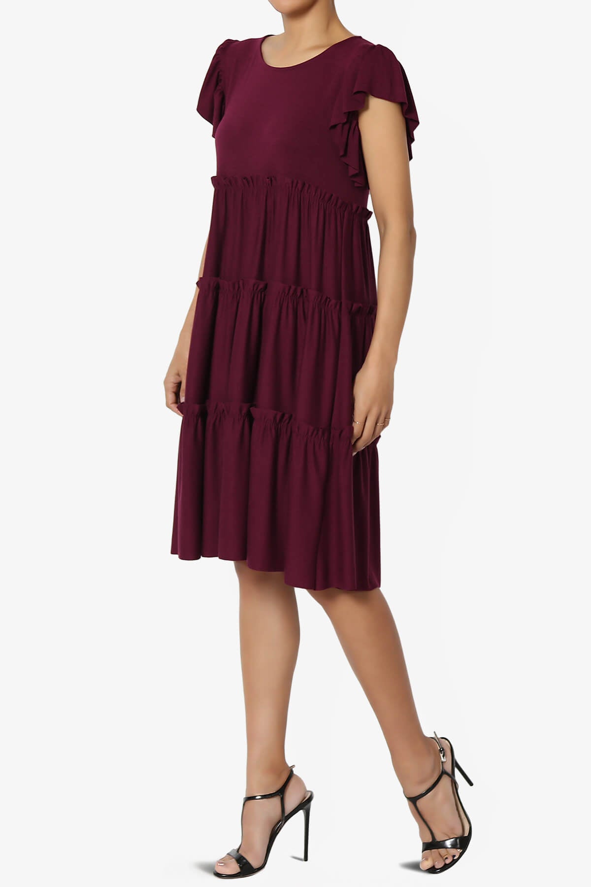 Minka Flutter Sleeve Tiered Ruffle Dress DARK BURGUNDY_3
