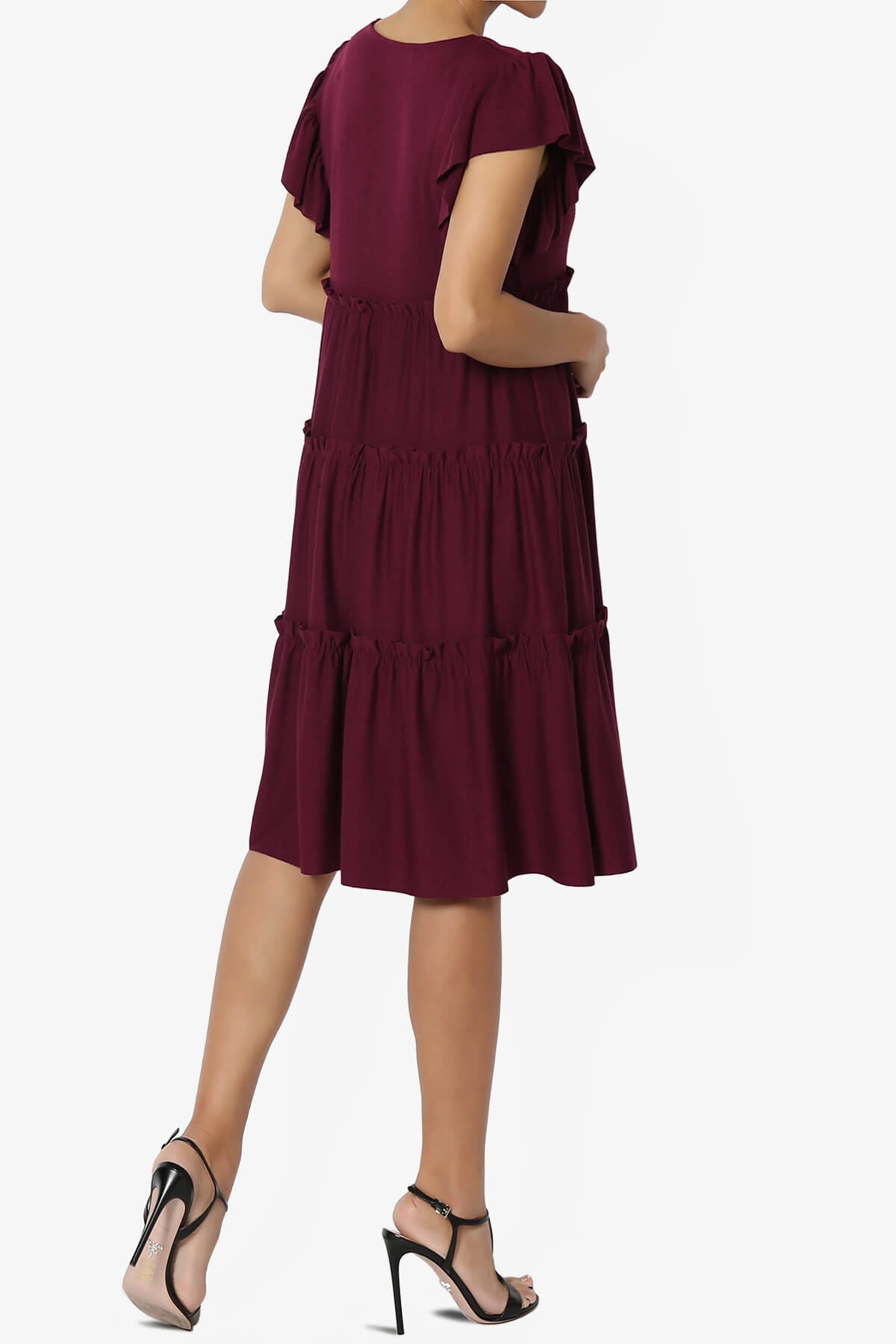 Minka Flutter Sleeve Tiered Ruffle Dress DARK BURGUNDY_4