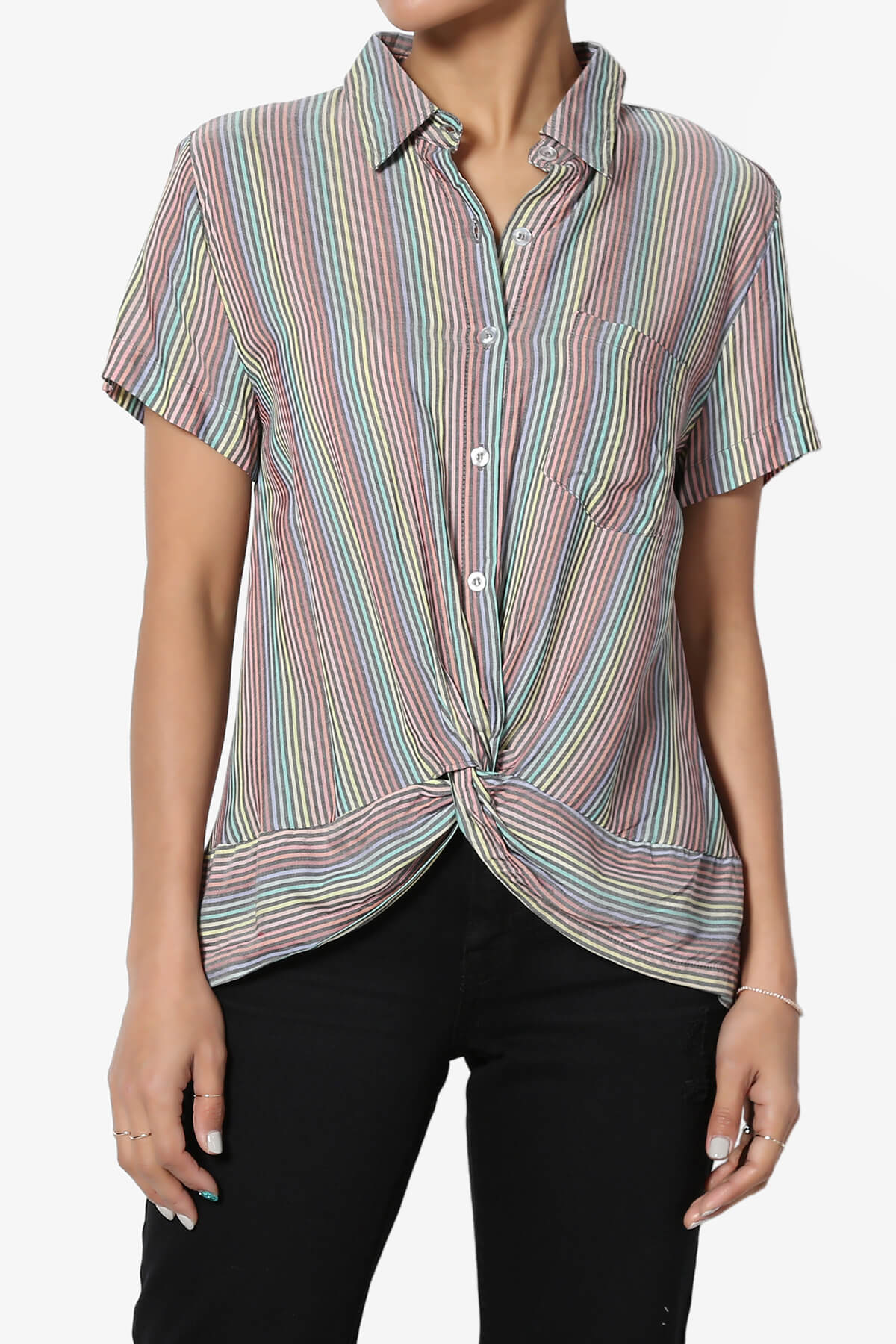 Rainbow Stripe Button Front Blouse BLACK_1