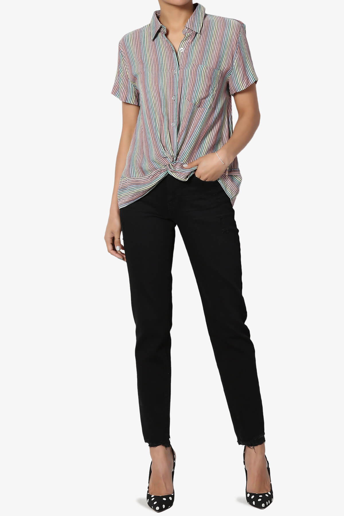 Rainbow Stripe Button Front Blouse BLACK_6