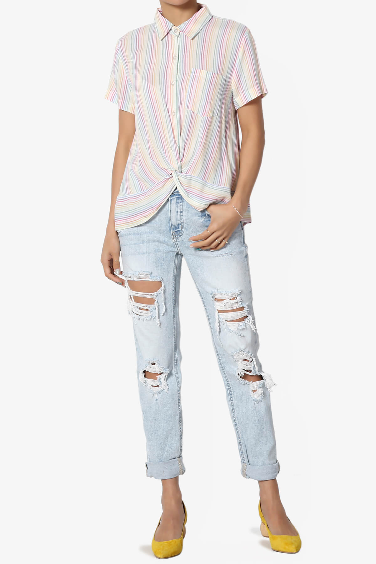 Rainbow Stripe Button Front Blouse WHITE_6