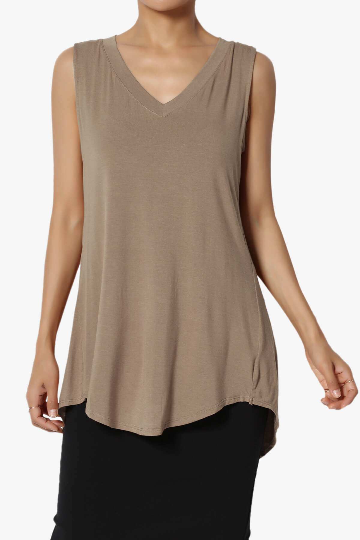 Myles Sleeveless V-Neck Luxe Jersey Top MOCHA_1
