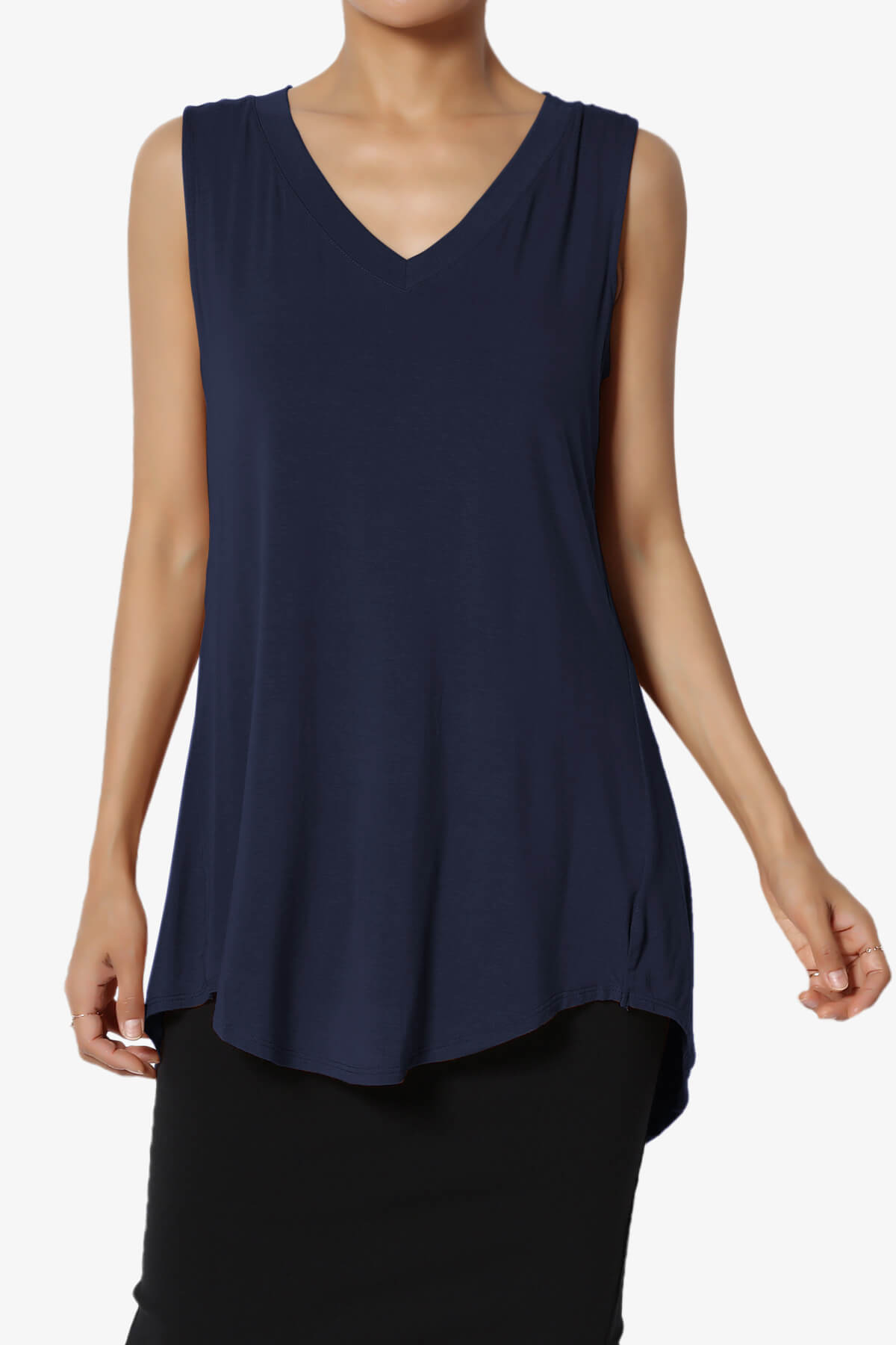 Myles Sleeveless V-Neck Luxe Jersey Top NAVY_1