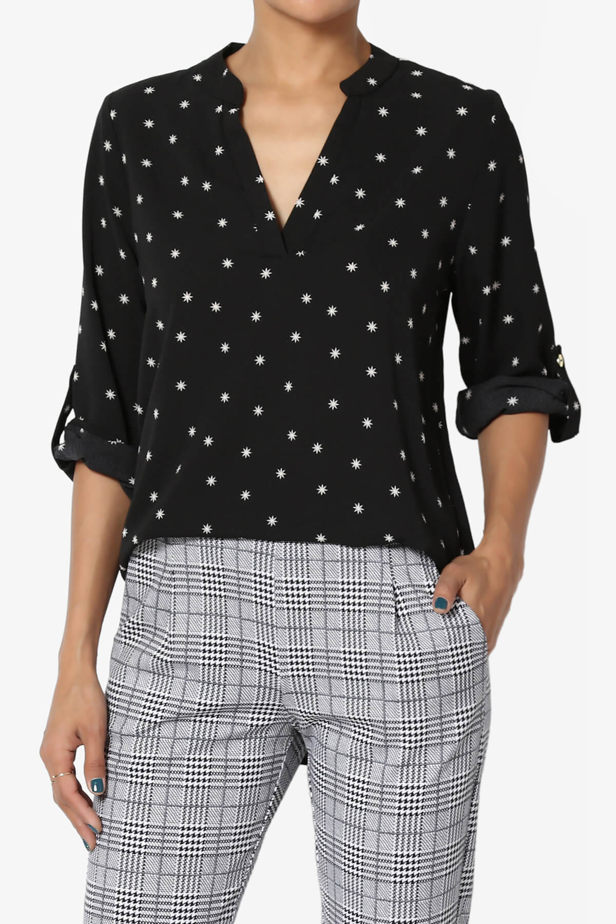 Victoria Snowflake Split Neck Blouse BLACK_1