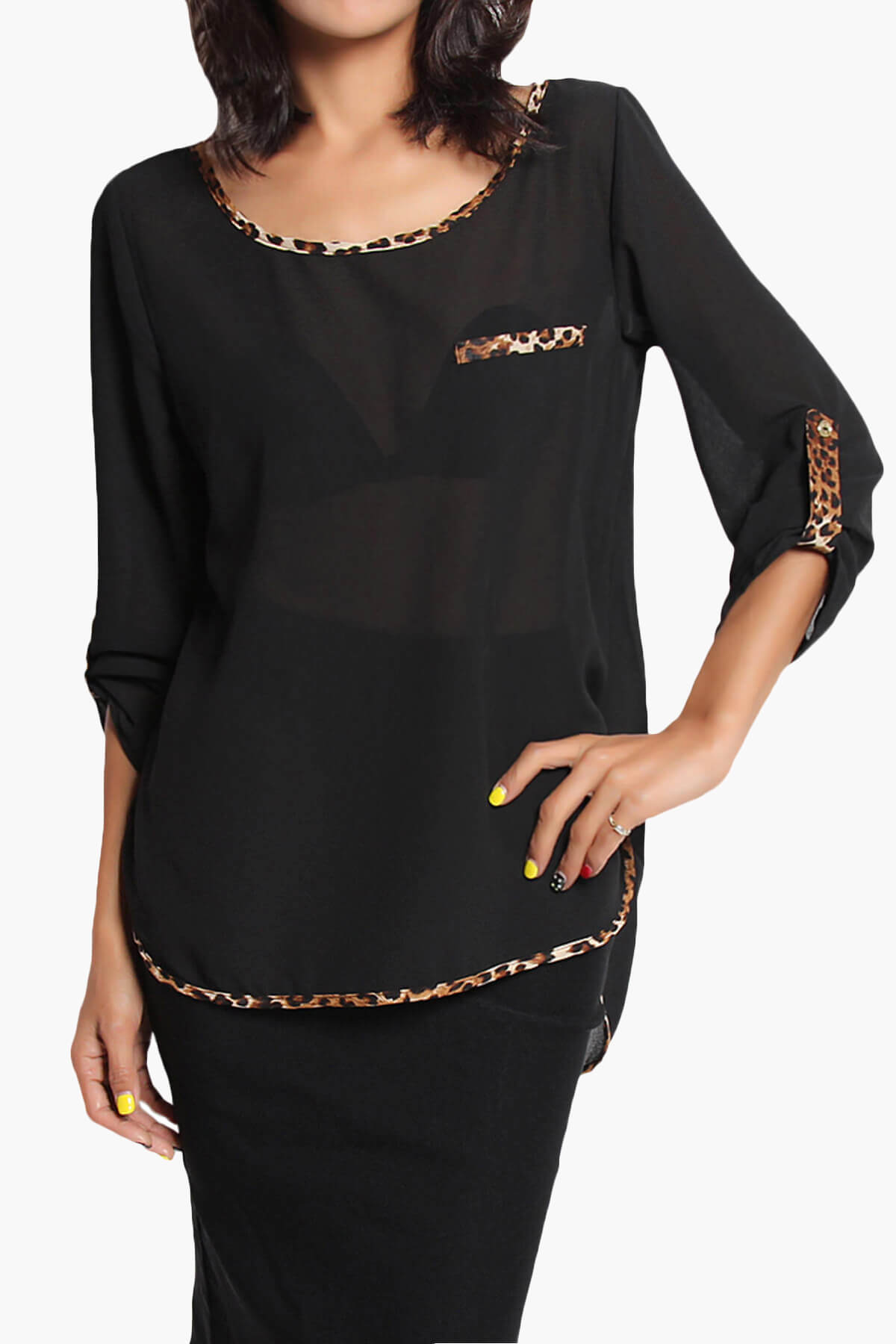 Flores Leopard Accent Boat Neck Chiffon Top BLACK_1
