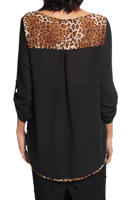 Flores Leopard Accent Boat Neck Chiffon Top BLACK_2